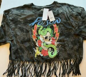 NWT Poison Rock Band Graphic Tee Mineral Wash Fringe Hem Women's Size XL